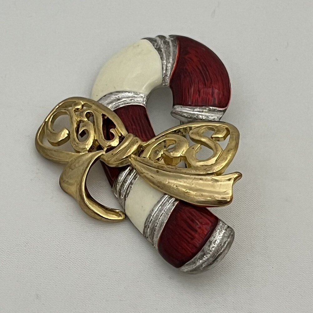 Vintage Enamel Christmas Candy Cane Brooch Pin Gold Silver Accents